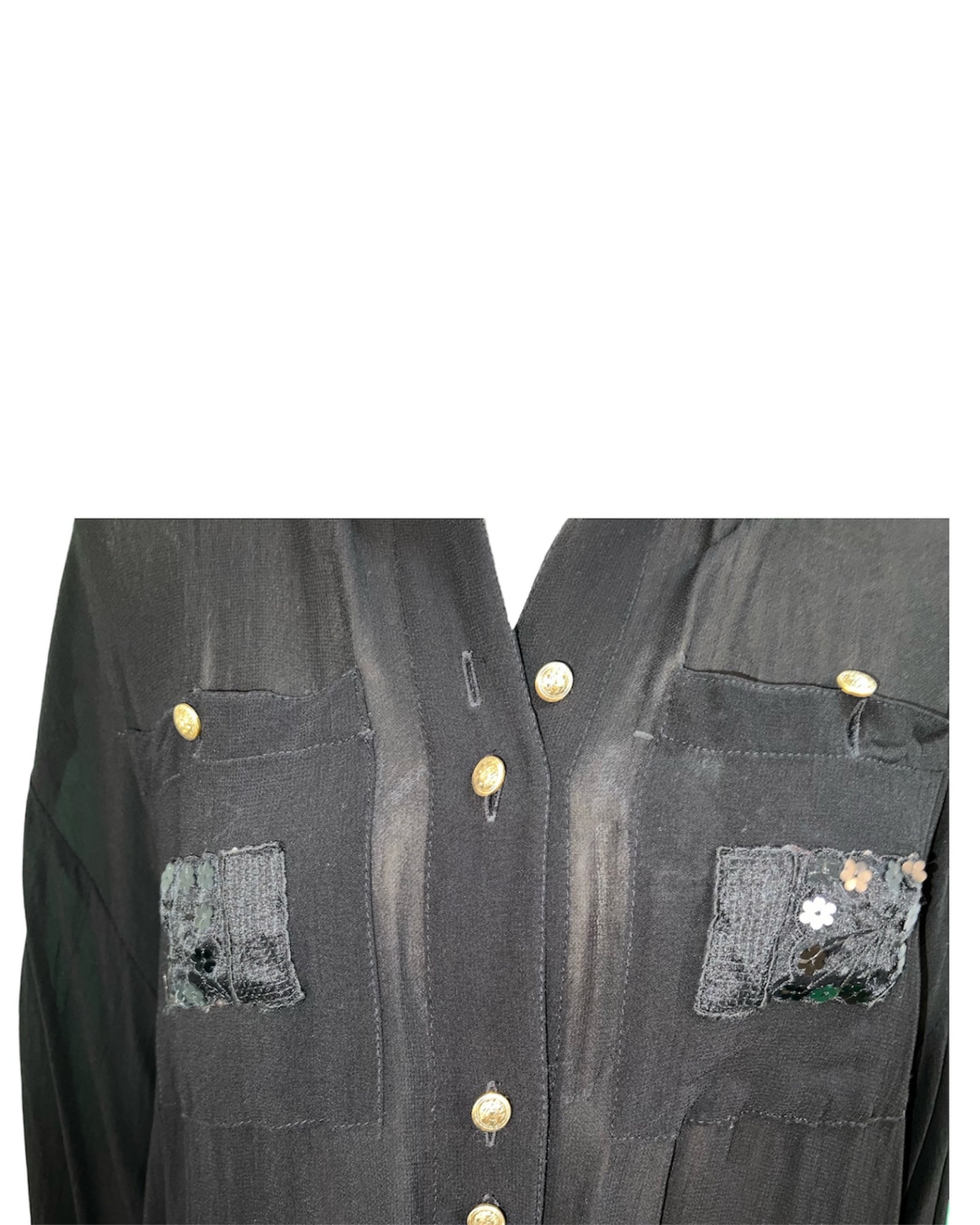 Vintage Vision Bluse 40 Schwarz mit Verzierungen aus Pailletten und goldenen Knöpfen Sehr gut