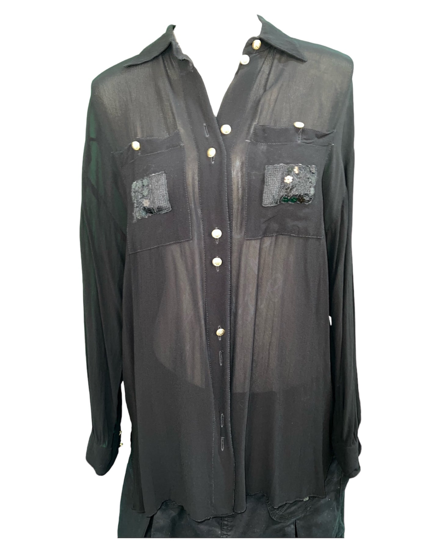 Vintage Vision Bluse 40 Schwarz mit Verzierungen aus Pailletten und goldenen Knöpfen Sehr gut
