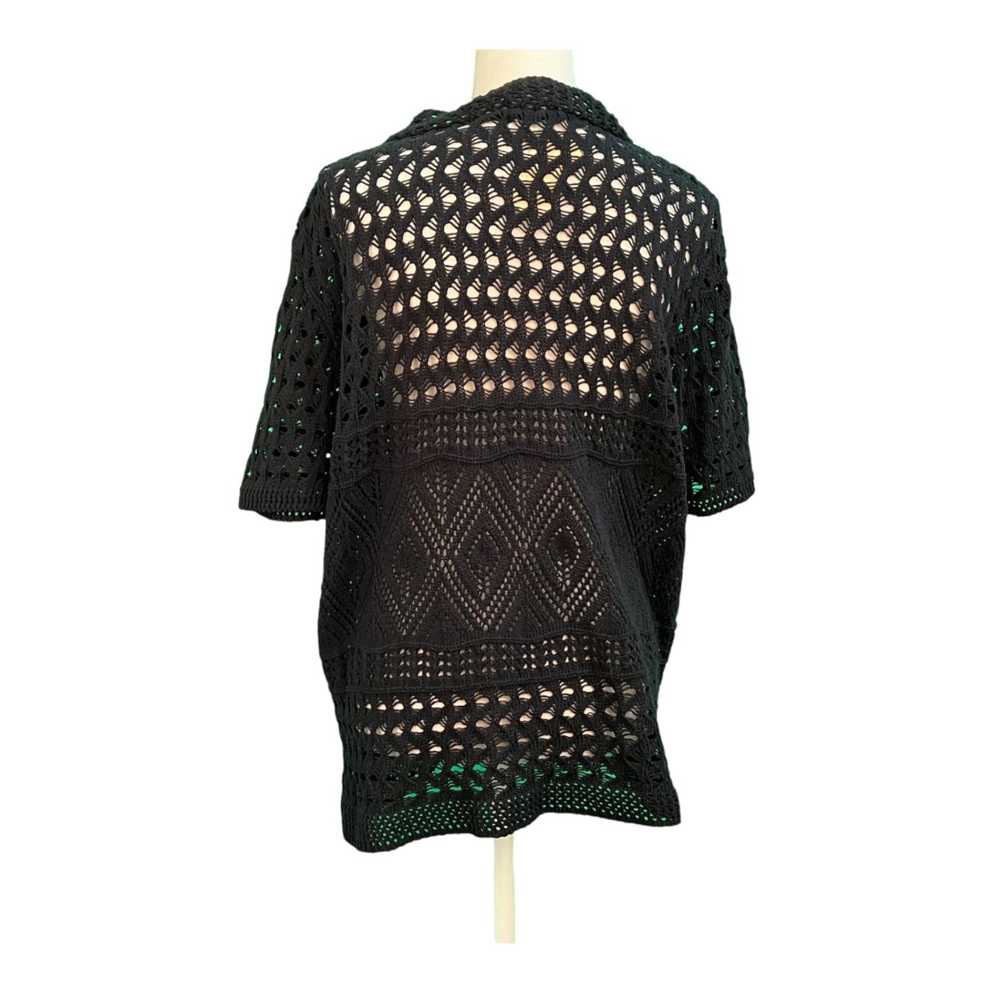 Vintage Impulse London Strickjacke XL , passt ca bis Gr. 48 Schwarz mit Lockstrickmuster, vorne Band zum binden mit Holzperlen