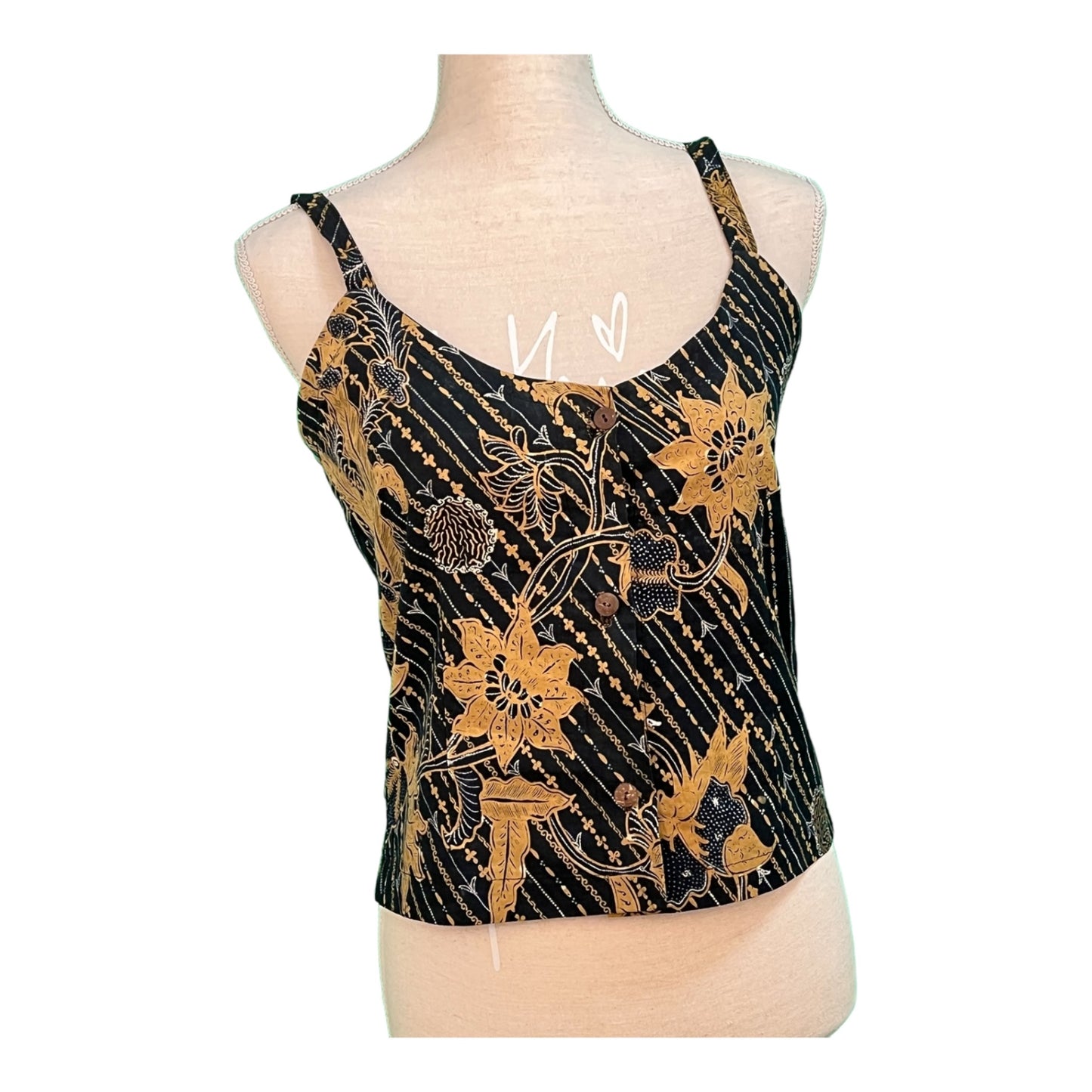 Vintage Top 38/40 Schwarzblau mit Muster in Ocker und weiß