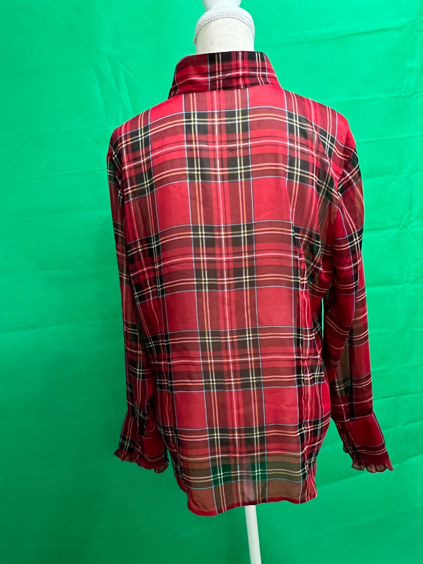 Vintage S. Milton Bluse 40 ( I44) Rot kariert transparent mit Rüschen