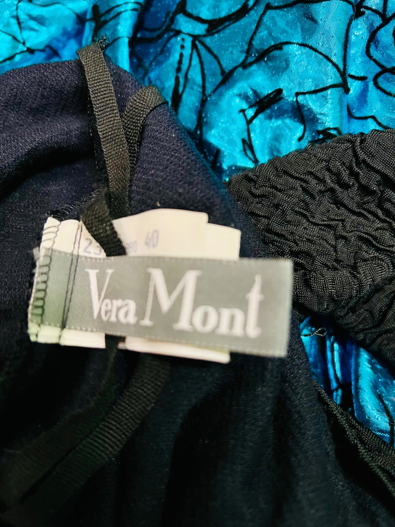Vintage Vera Mont 80s Kleid 40 Blau Schwarz