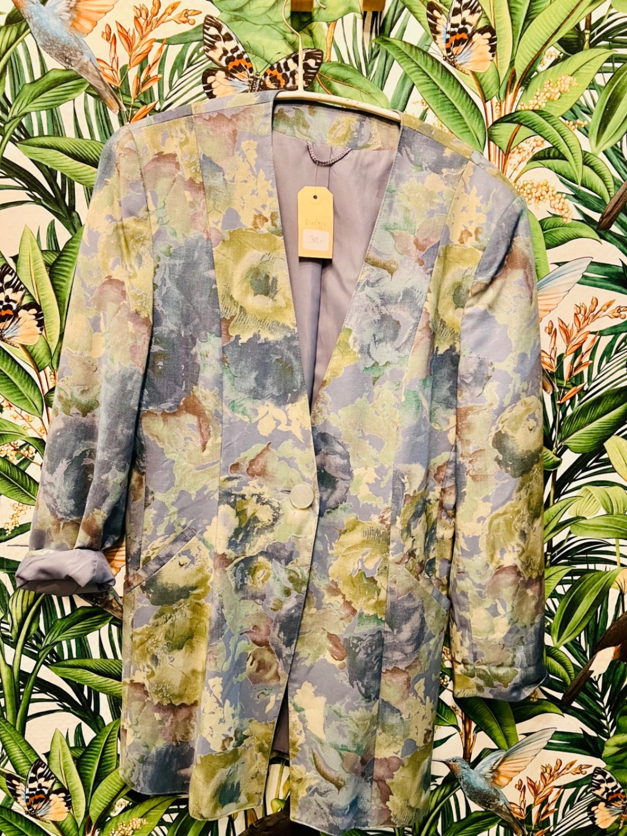 Vintage Blazer 40 Mehrfarbig grün blau Viskose Leinen