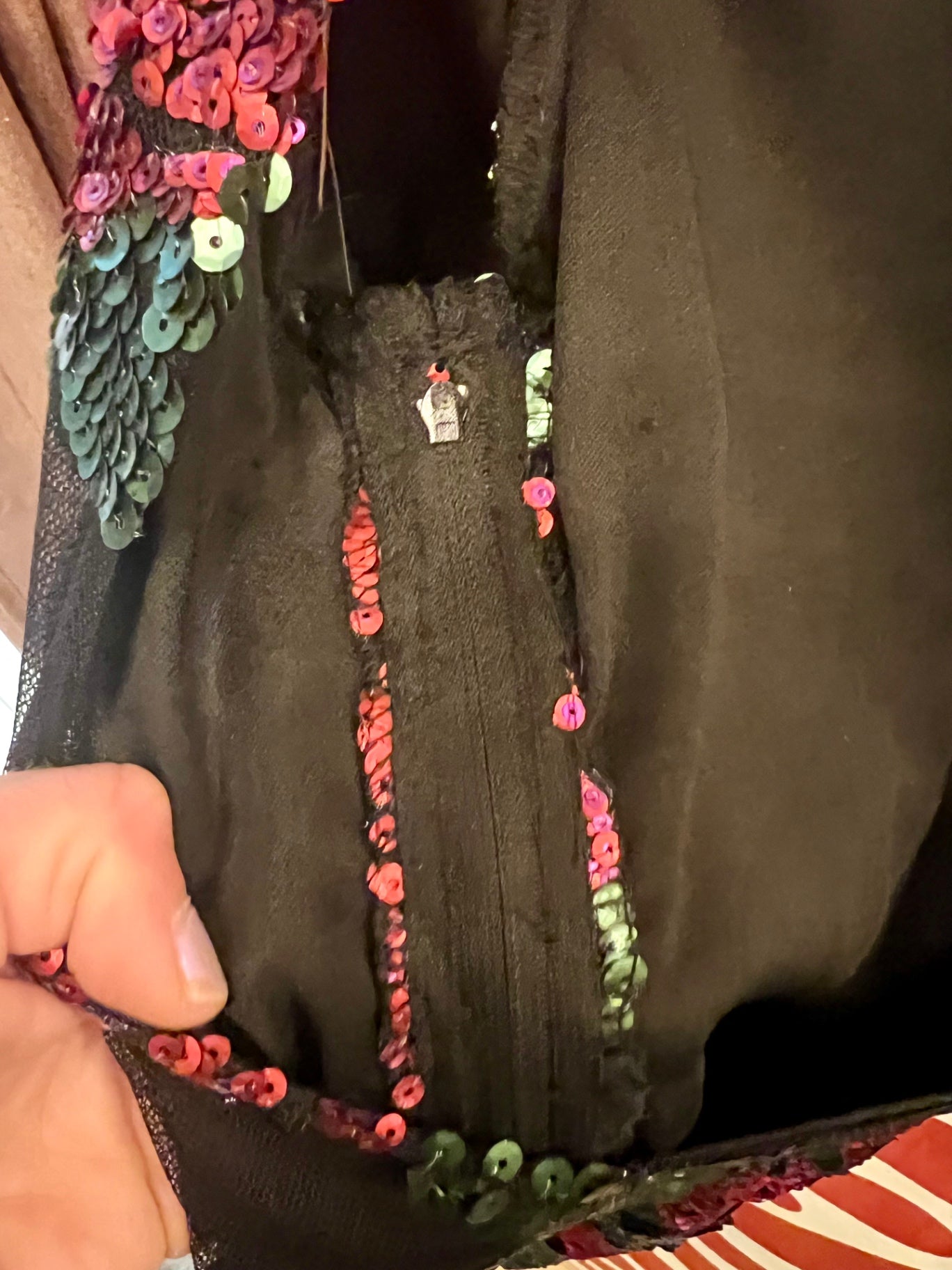 Vintage Kleid XS 34 Schwarz, Rot, Grün Pailletten