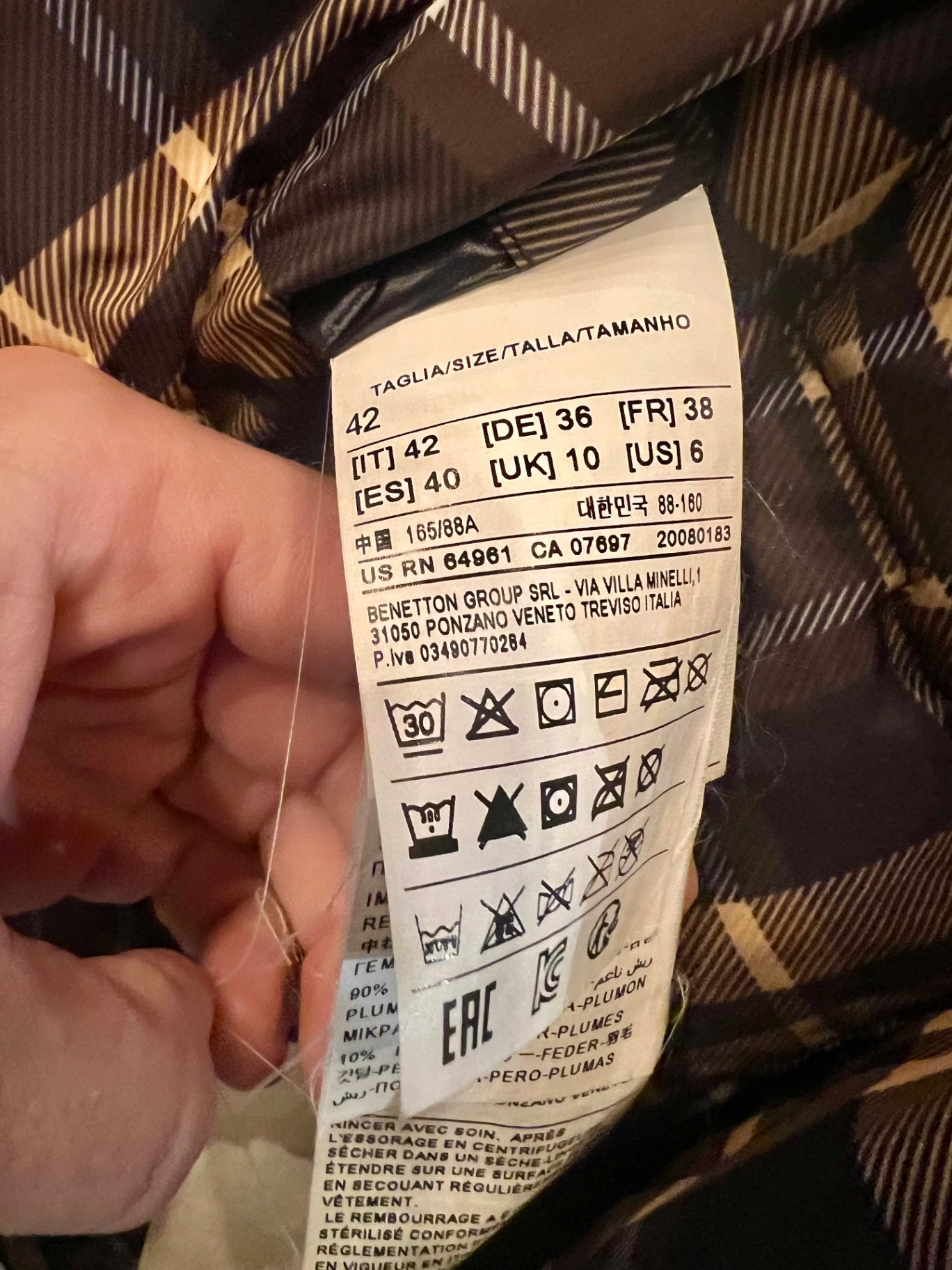 Benetton Daunenjacke 36 S Gelb Schwarz kariert