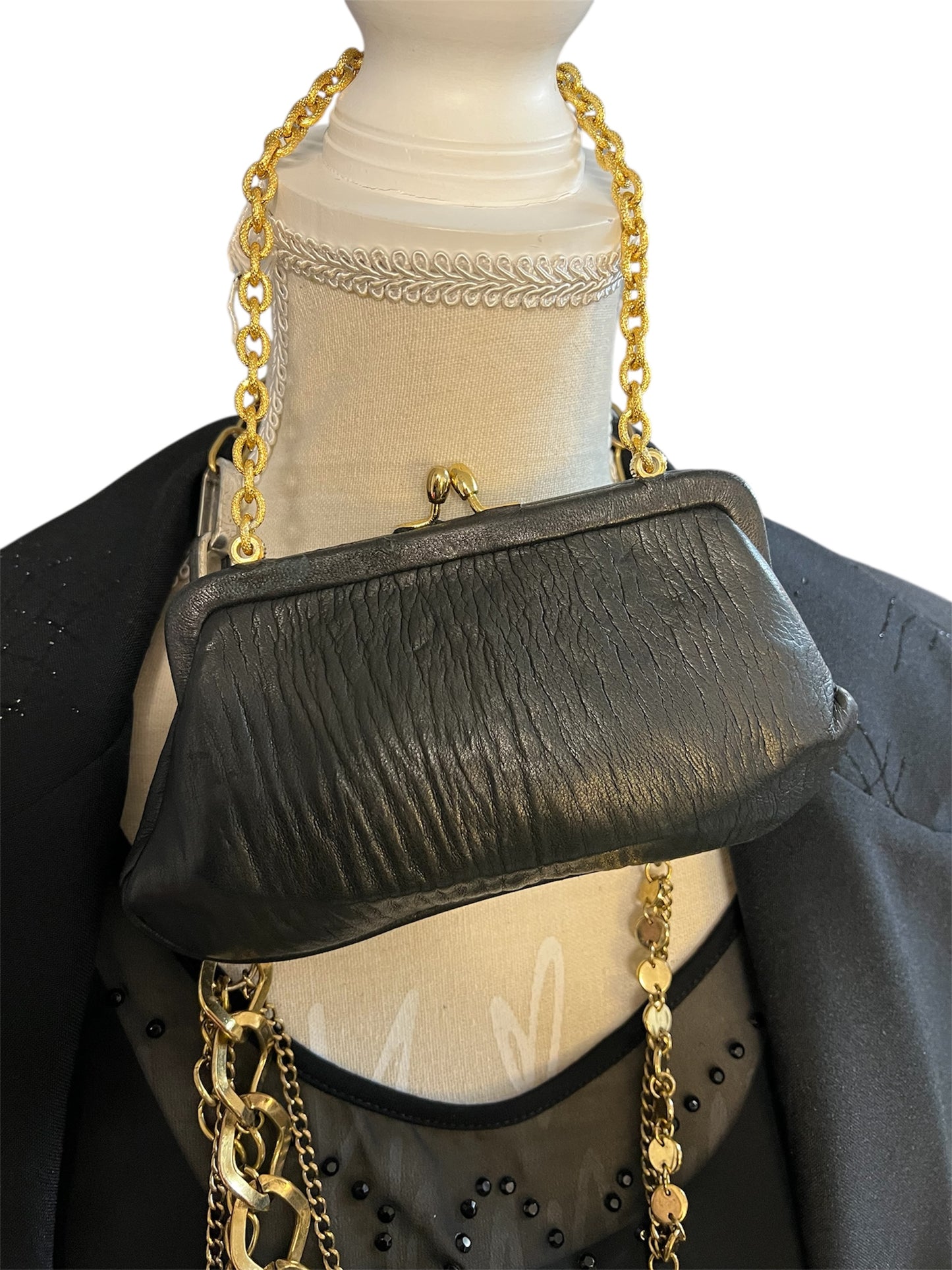 Vintage Mini-Clutch | schwarz & gold | edle Struktur | Handgelenk | Top-Zustand