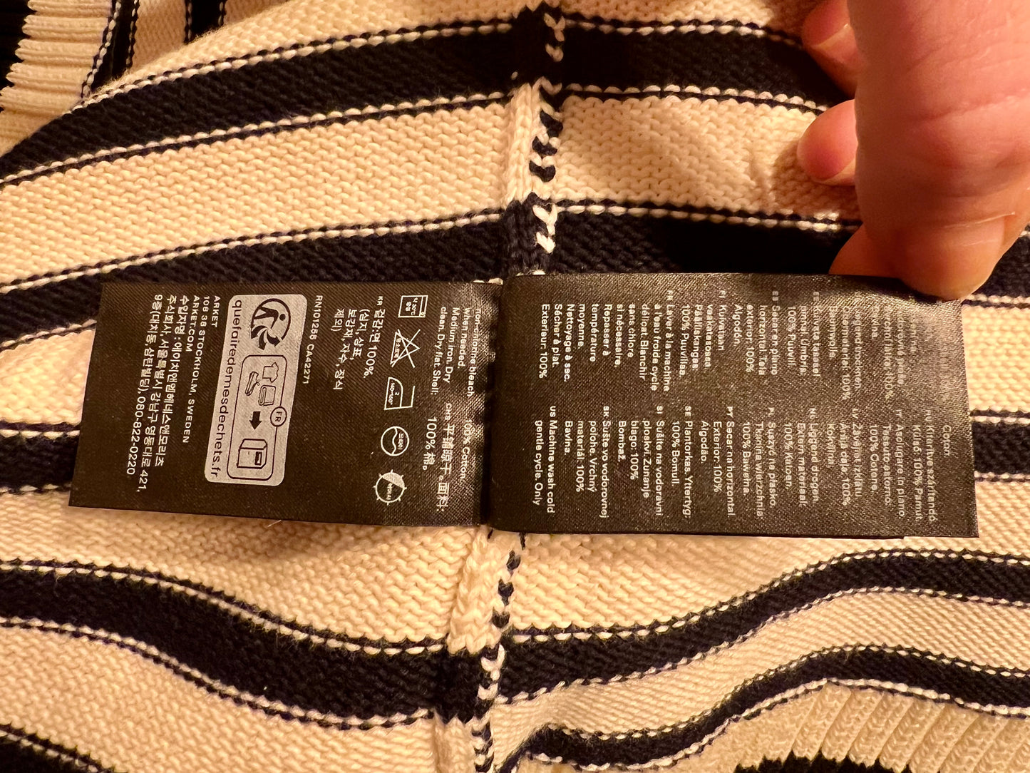 Arket Strickpullover L – Creme Schwarz Gestreift, Knopfleiste, Baumwolle