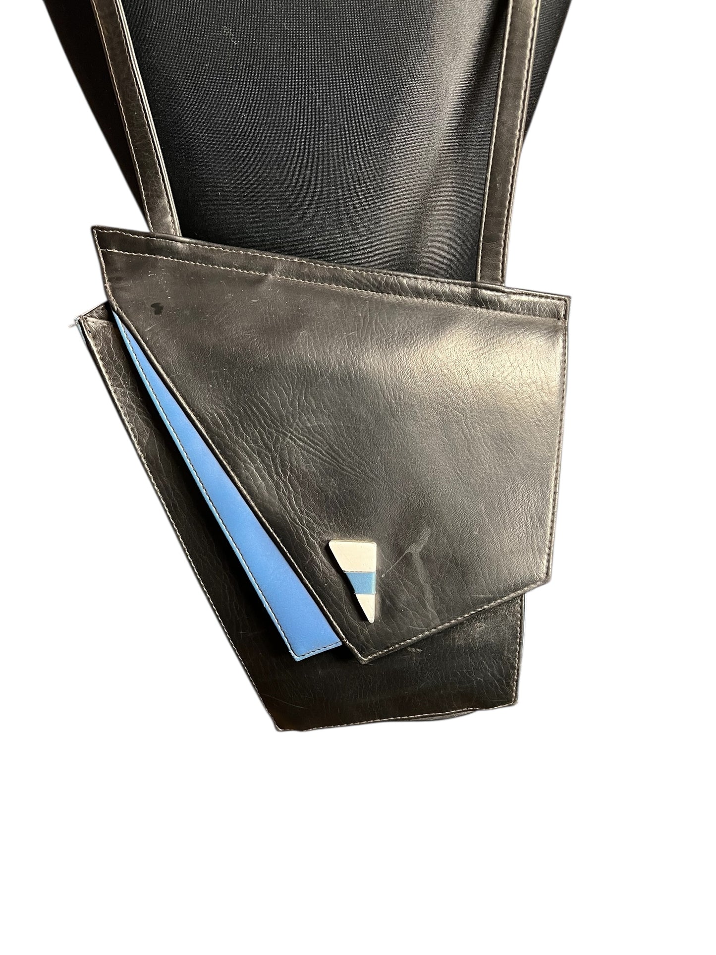 Vintage Leder Umhängetasche 80s – geometrisches Rautendesign – schwarz/blau – Statement Tasche