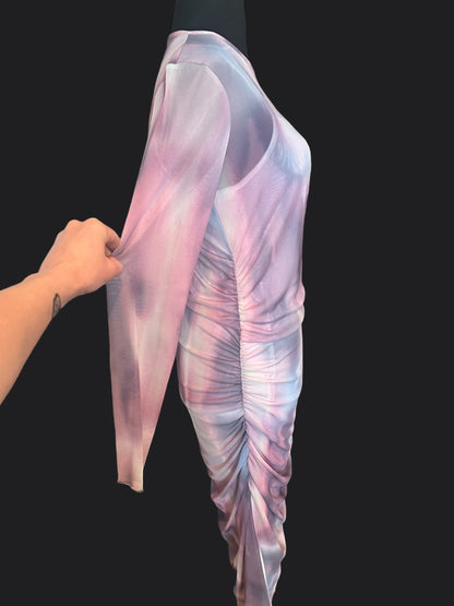 Y2K Mesh Maxikleid Pastell transparent langarm drapiert Stretch Festival Fairy Gr. M L 40 42