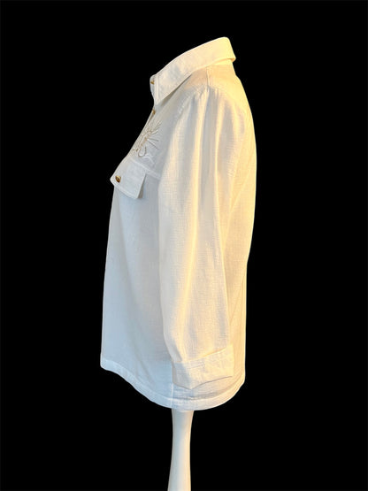 Vintage Avantgarde Bluse M 38/40 Weiß Gold Leinenmix – Boho Chic Mystic Sun Embroidery