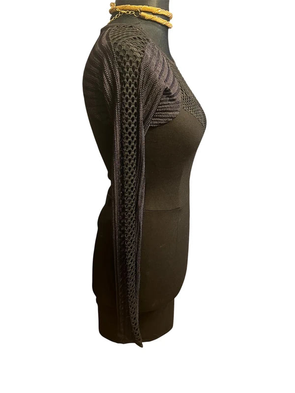 Sexy Mini Kleid XS 34 schwarz Cool Cat Mesh Netzärmel Gothic Y2K Party Darkfashion