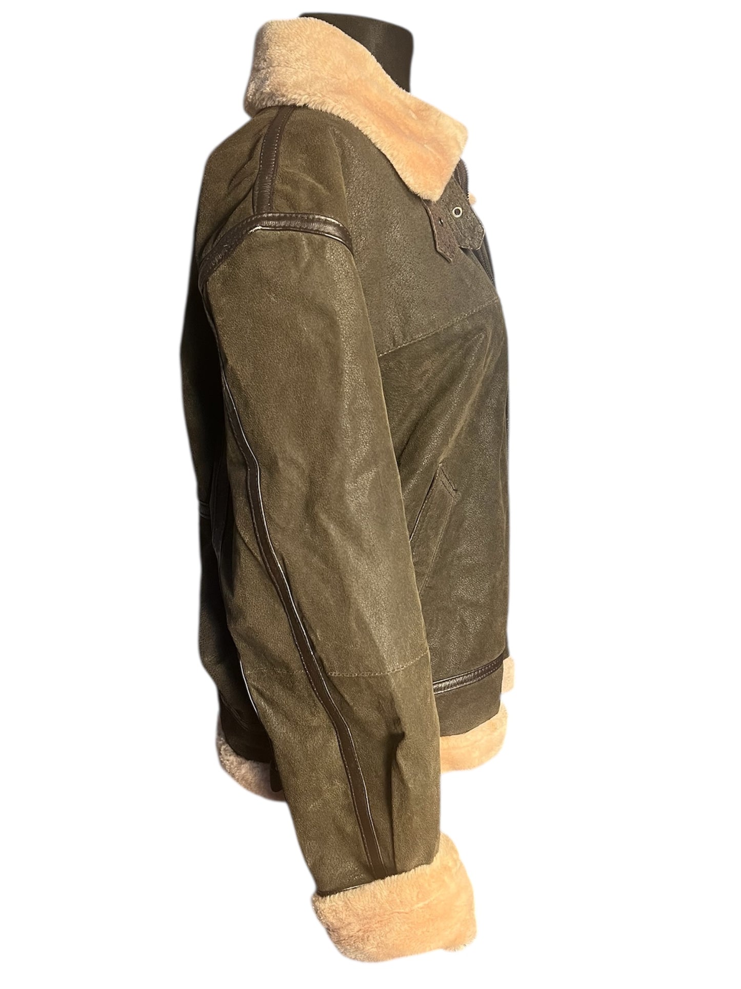 Vintage Lederjacke Echtleder Teddyfutter Unisex 42 L XL kastig Boxy 90s Y2K braun grün Conbipel