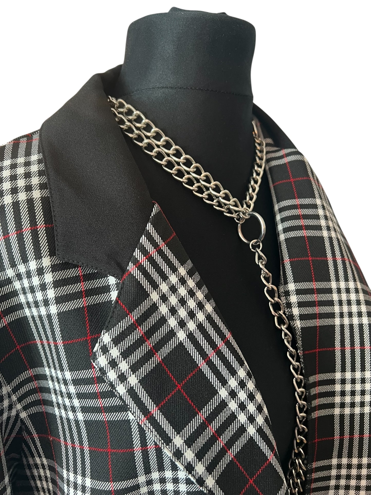 Vintage Longblazer Kariert Schwarz Weiß Rot Gr 44 XL Oversized Schottenkaro Boyfriend Blazer Leicht Knöpfe