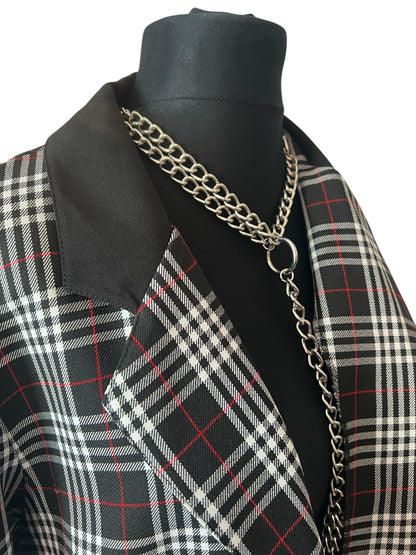 Vintage Longblazer Kariert Schwarz Weiß Rot Gr 44 XL Oversized Schottenkaro Boyfriend Blazer Leicht Knöpfe