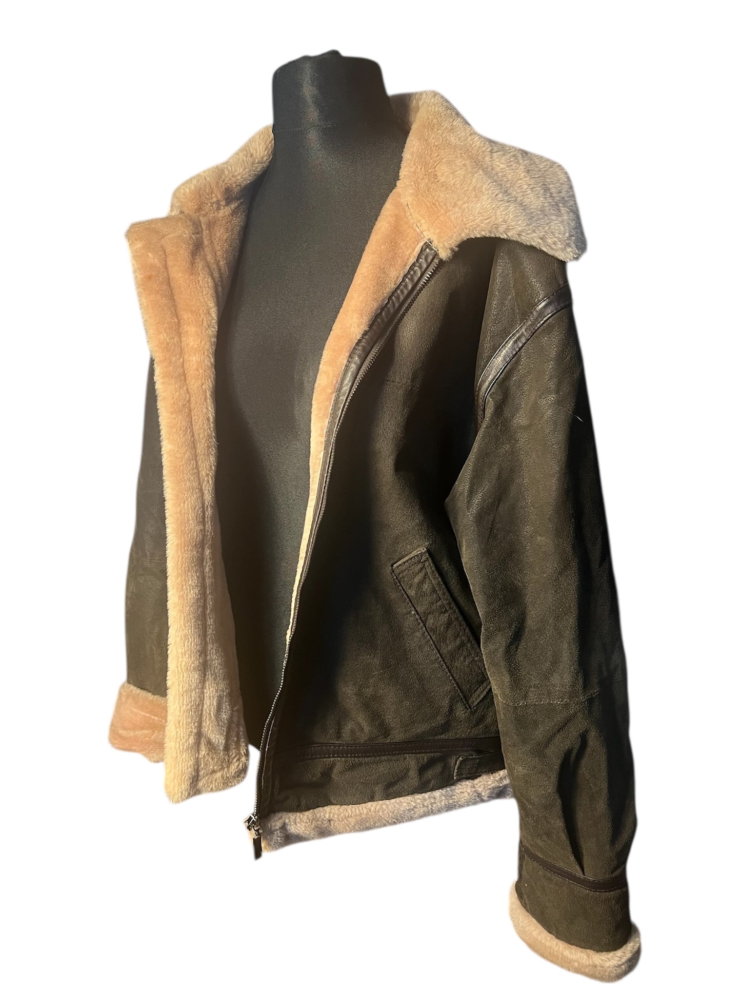 Vintage Lederjacke Echtleder Teddyfutter Unisex 42 L XL kastig Boxy 90s Y2K braun grün Conbipel