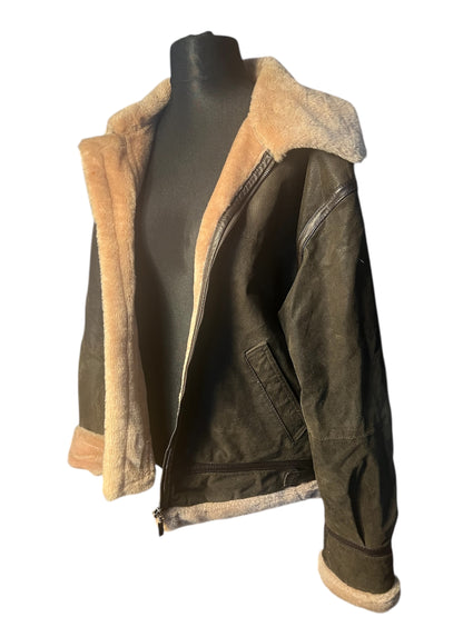 Vintage Lederjacke Echtleder Teddyfutter Unisex 42 L XL kastig Boxy 90s Y2K braun grün Conbipel