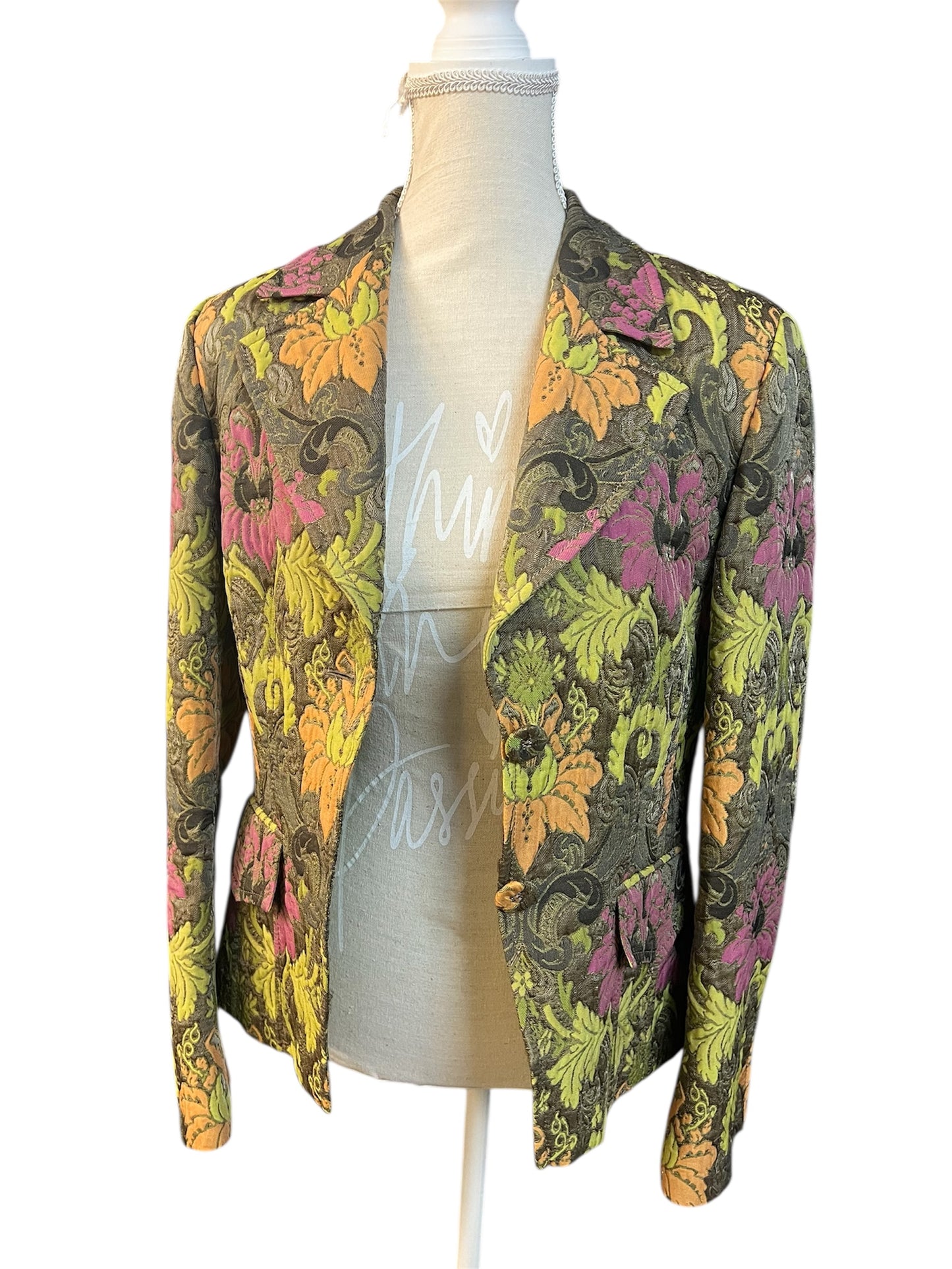 Vintage Laurél Blazer Gr. 38 – 3D Floral Print, bunter Statement-Blazer, Retro Chic