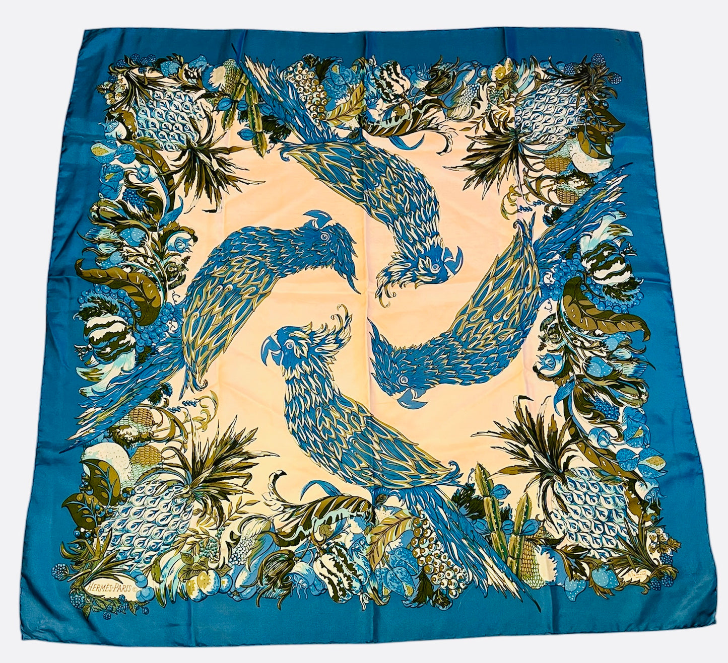 Hermès Vintage Tuch „Perroquets et Fruits“ 1972 – François Faconnable, Seide, Papageien blau
