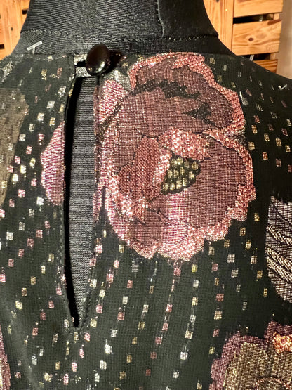 Vintage Glanzbluse Gr. 42 – West Germany – Metallic Blumen – 80s Glam Chic – Schwarz Gold Rosé