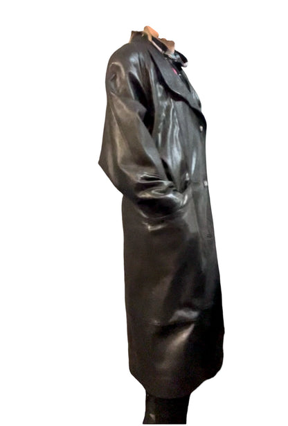 Vintage 80s Ledermantel Gr. L Schwarz • Echtleder Nappaleder • Oversize Long Coat • Schulterbetont