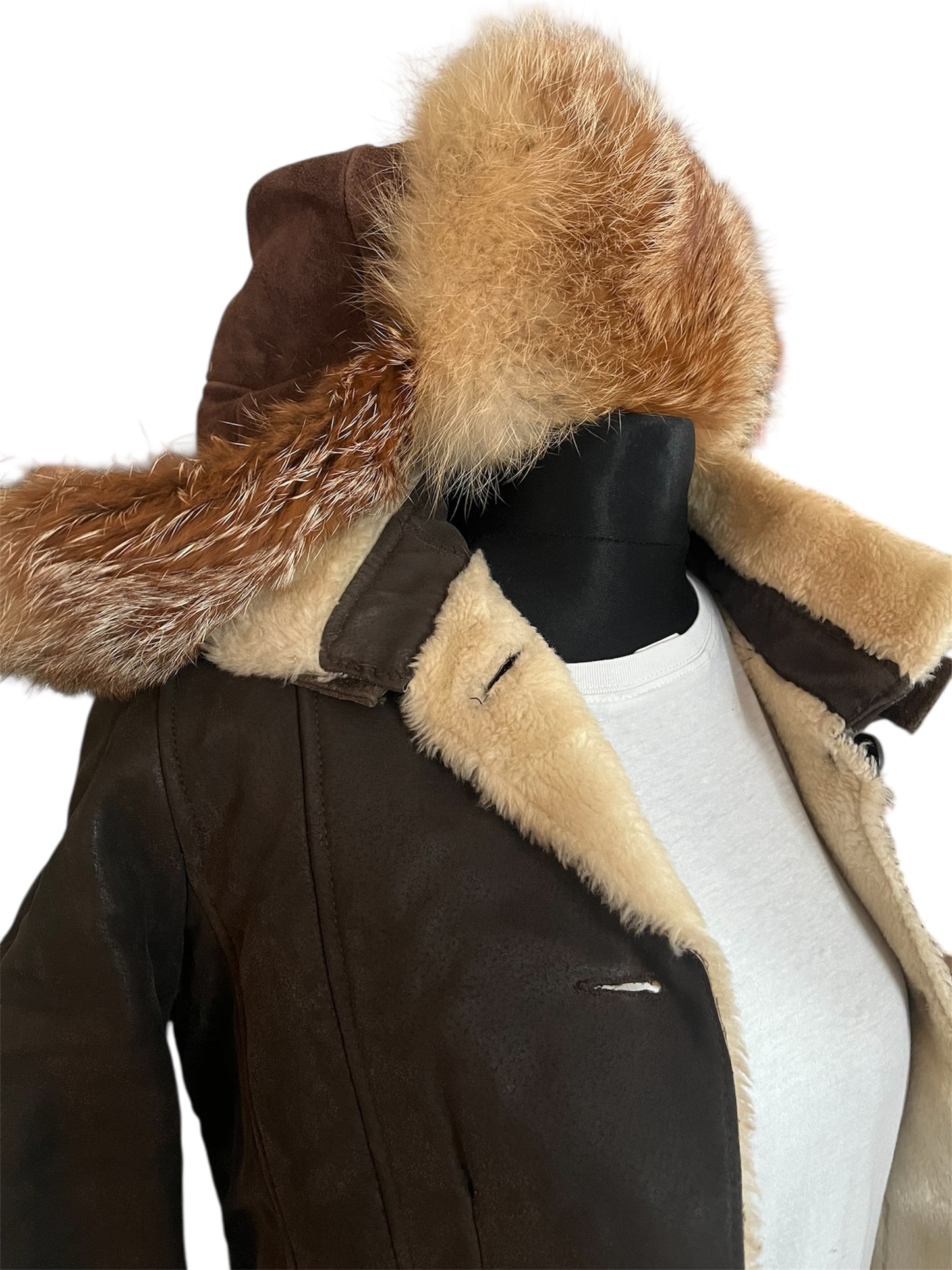 True Vintage Lederjacke XS/34 Braun Teddyfell Pilotenjacke Made in Italy 80s