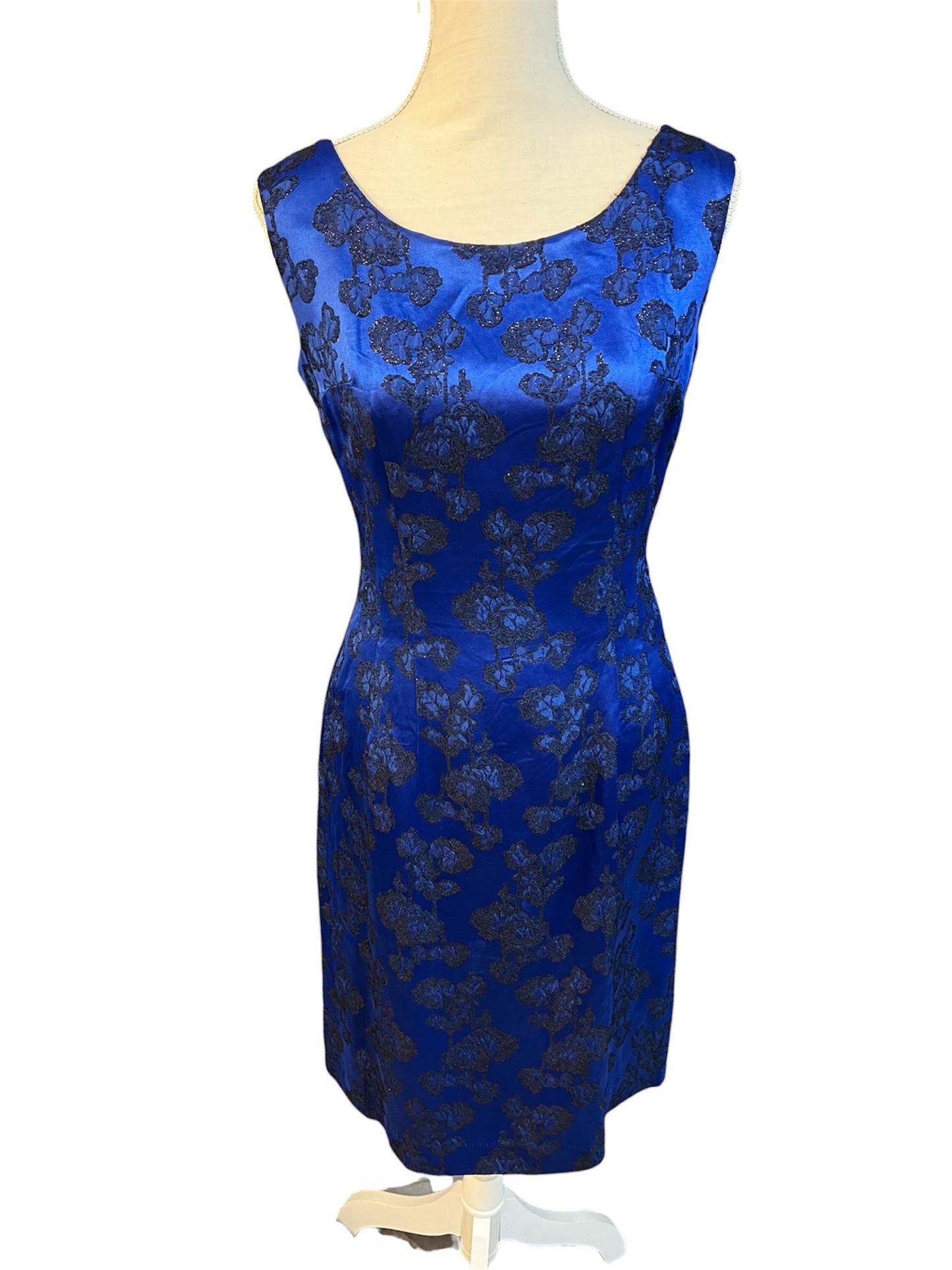 Vintage Abendkleid + Stola Midi blau schwarz 36 38 | Satinlook mit Glitzerstickerei | figurbetont | 90er Y2K Festkleid