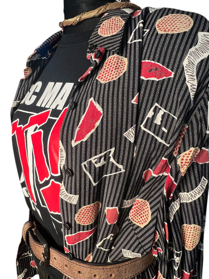 Vintage 80s/90s Oversize Bluse Rio Gr. 48 | Schwarz Grau Rot | Viskose | Statement Pattern