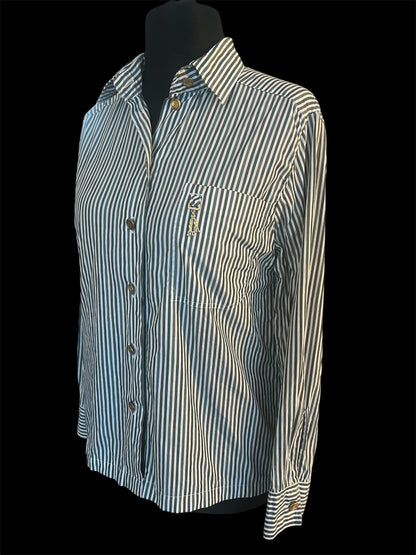 Vintage Tru Bluse Gr. 40 – Weiß mit grünen Streifen | Goldknöpfe | 90s Chic