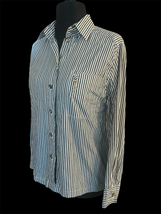 Vintage Tru Bluse Gr. 40 – Weiß mit grünen Streifen | Goldknöpfe | 90s Chic