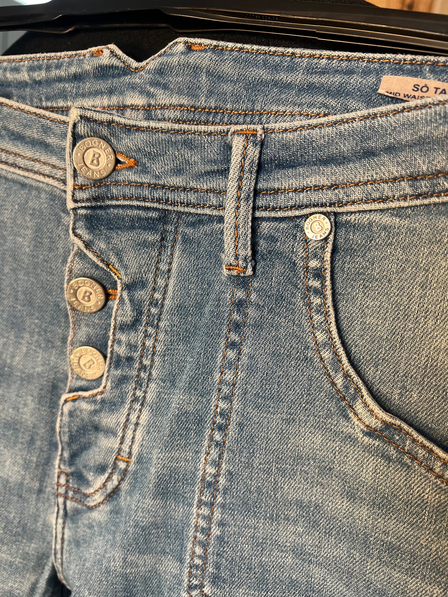 Bogner Jeans Damen W29 L32 M 38 /40 Blau Mid Waist Tapered Logo Premium Denim