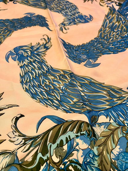 Hermès Vintage Tuch „Perroquets et Fruits“ 1972 – François Faconnable, Seide, Papageien blau