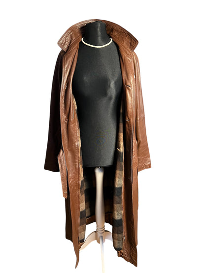 Vintage Ledermantel Cognac Braun Lang | Echtleder Mantel mit Gürtel | Gr. 40 - 42 / M 48 | 90s Retro Trench Mantel Unisex