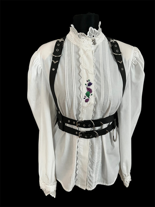 Vintage Landhaus Bluse Meico | Cottagecore Boho | Spitzenkragen & Puffärmel | Gr. 40 42