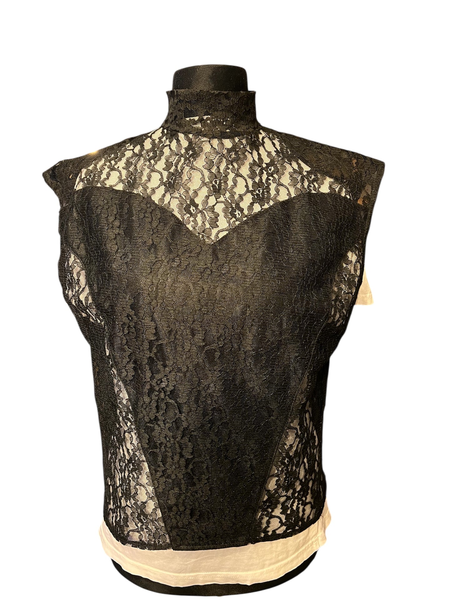 True Vintage 80s Spitzentop Schwarz Transparent | High Neck | Handmade Unikat Gr. 38