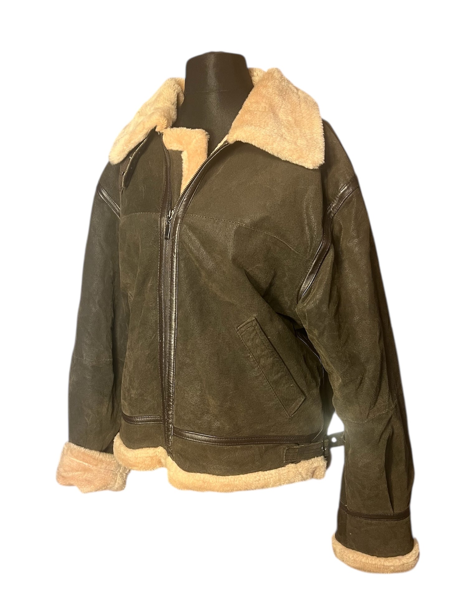 Vintage Lederjacke Echtleder Teddyfutter Unisex 42 L XL kastig Boxy 90s Y2K braun grün Conbipel