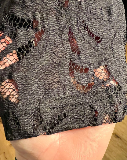 Schwarzes Spitzenshirt Gr. 42 , transparent | Stretch Shirt Damen | Y2K / Elegant / Party | Stehkragen