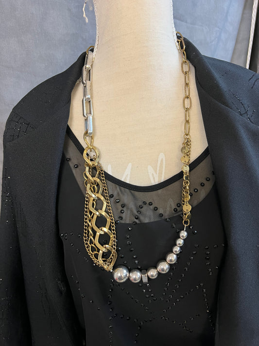 Vintage Statement-Kette | 90s / Y2K | mehrlagig | Gold & Silber | auffällig | ca. 40 cm