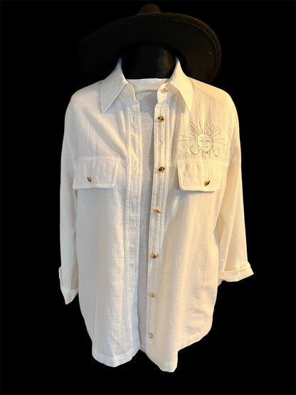 Vintage Avantgarde Bluse M 38/40 Weiß Gold Leinenmix – Boho Chic Mystic Sun Embroidery
