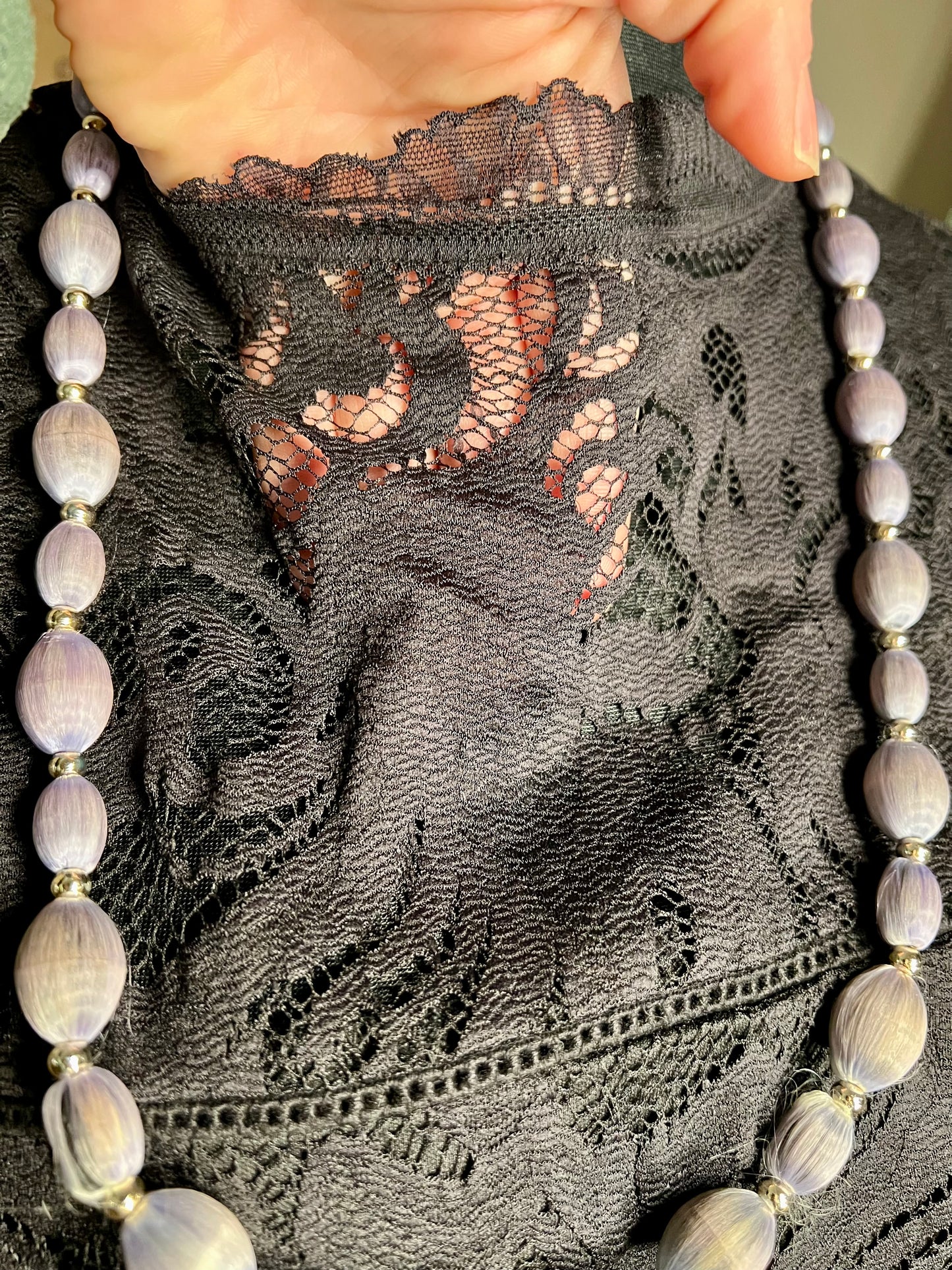 Schwarzes Spitzenshirt Gr. 42 , transparent | Stretch Shirt Damen | Y2K / Elegant / Party | Stehkragen