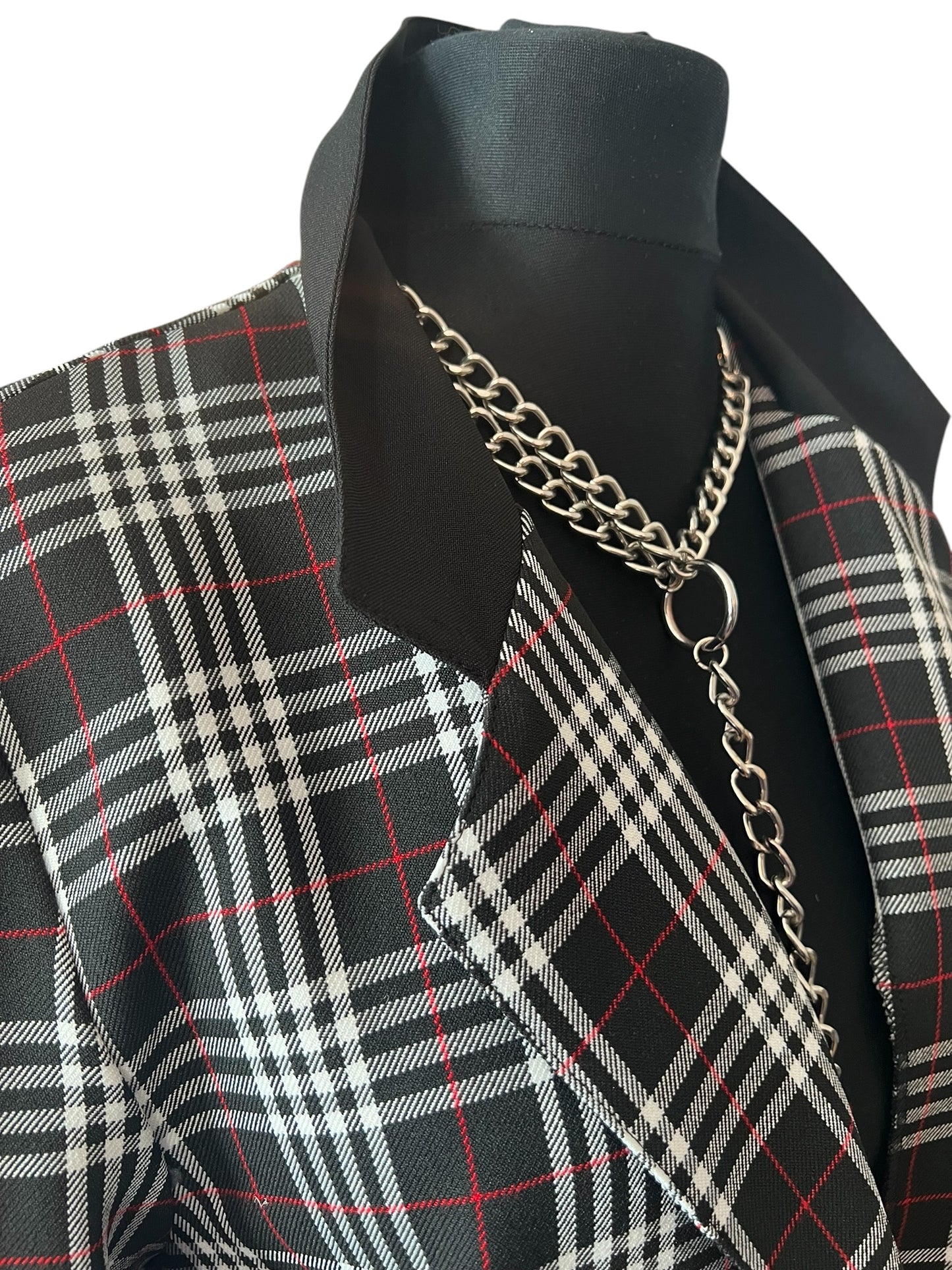 Vintage Longblazer Kariert Schwarz Weiß Rot Gr 44 XL Oversized Schottenkaro Boyfriend Blazer Leicht Knöpfe