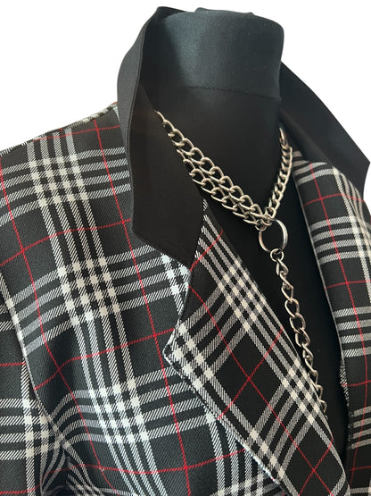 Vintage Longblazer Kariert Schwarz Weiß Rot Gr 44 XL Oversized Schottenkaro Boyfriend Blazer Leicht Knöpfe