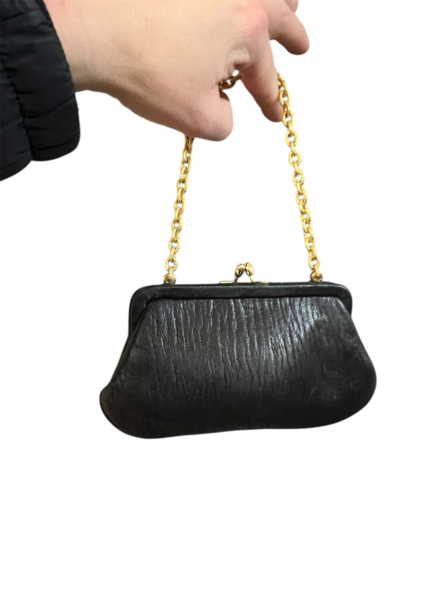 Vintage Mini-Clutch | schwarz & gold | edle Struktur | Handgelenk | Top-Zustand