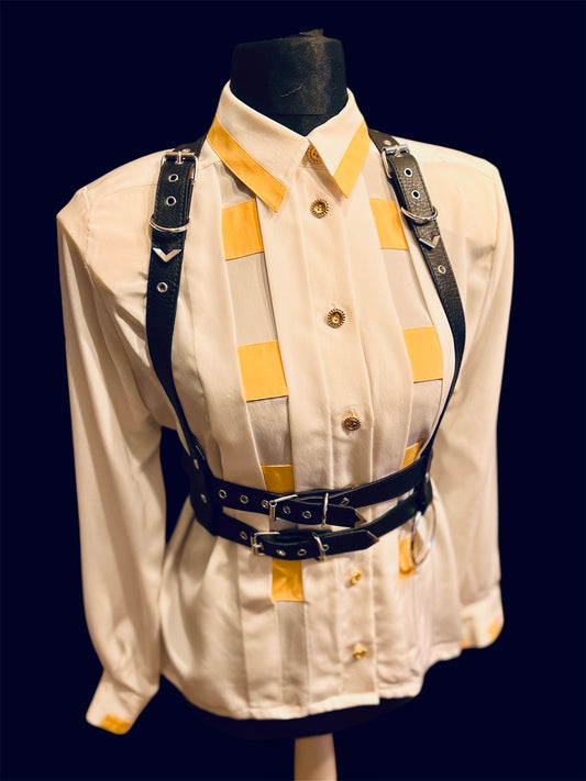 Vintage Alexander Bluse Gr. 42 | Weiß mit Gelben Details & Goldknöpfen | 80s Retro Statement Piece