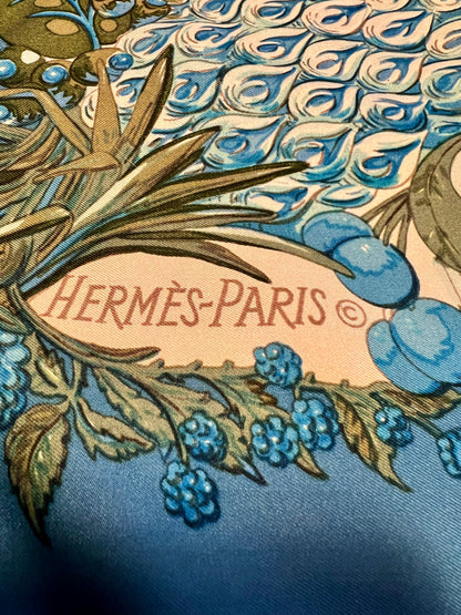 Hermès Vintage Tuch „Perroquets et Fruits“ 1972 – François Faconnable, Seide, Papageien blau