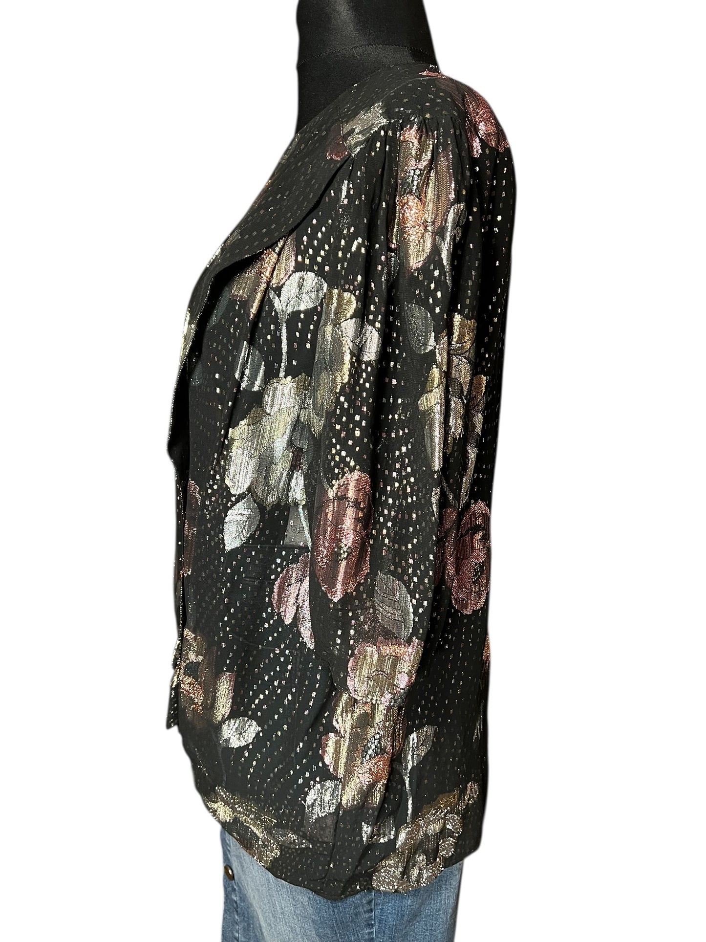 Vintage Glanzbluse Gr. 42 – West Germany – Metallic Blumen – 80s Glam Chic – Schwarz Gold Rosé