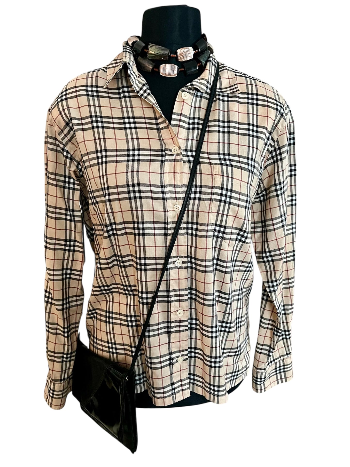 Vintage Burberry London Bluse Gr. 40 – Beige Kariert, Baumwolle, Top Zustand 90s 2000s
