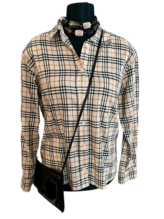 Vintage Burberry London Bluse Gr. 40 – Beige Kariert, Baumwolle, Top Zustand 90s 2000s