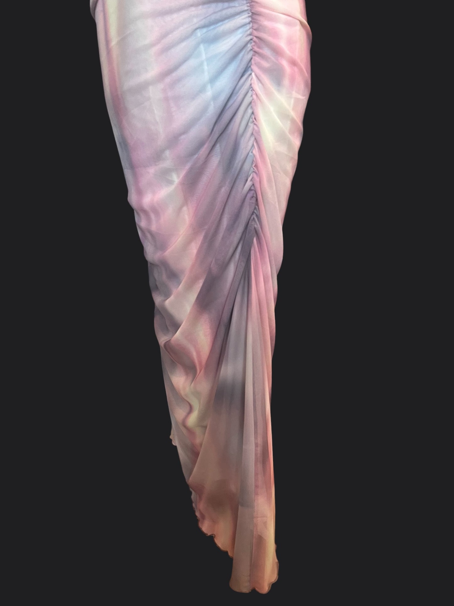 Y2K Mesh Maxikleid Pastell transparent langarm drapiert Stretch Festival Fairy Gr. M L 40 42