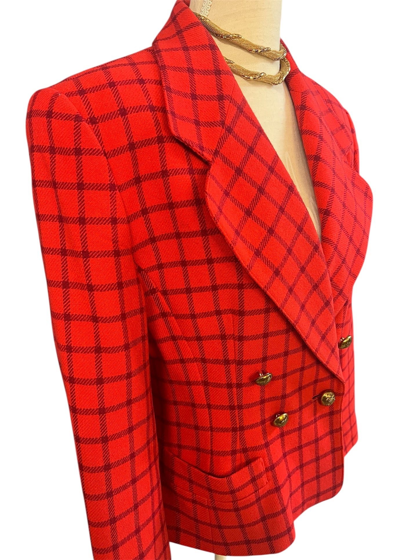 Vintage Guy Laroche Blazer – Rot kariert, Gold-Knöpfe, Gr. 38/40, Wool Statement Piece