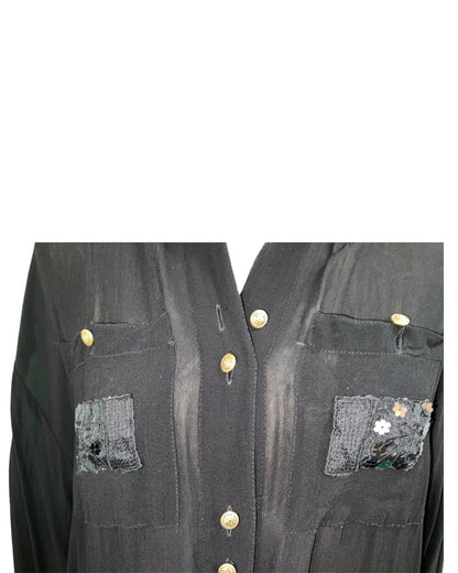 Vintage Vision Bluse 40 Schwarz mit Verzierungen aus Pailletten und goldenen Knöpfen Sehr gut